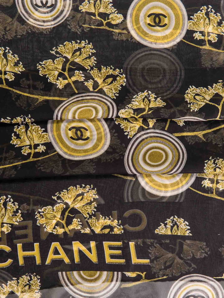 Top Quality Chanel Vintage CC Logo Silk Medallion Scarf Black Gold