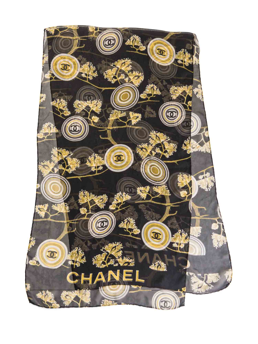 Top Quality Chanel Vintage CC Logo Silk Medallion Scarf Black Gold