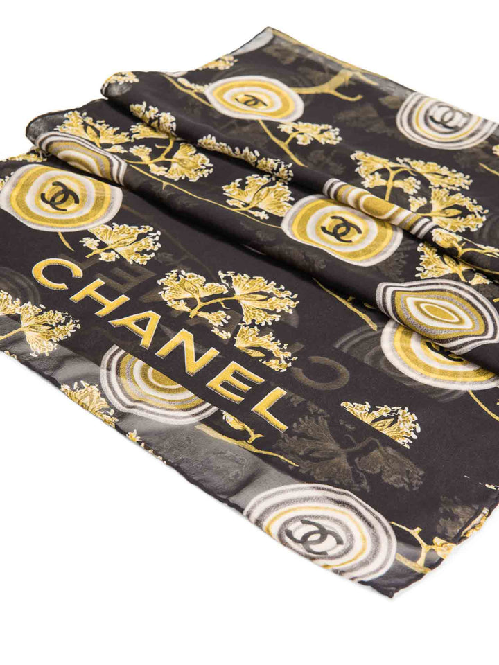 Top Quality Chanel Vintage CC Logo Silk Medallion Scarf Black Gold