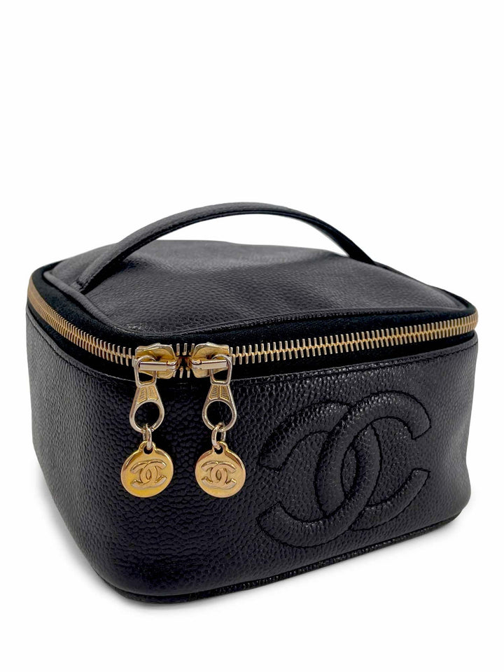 Top Quality Chanel Vintage Caviar Leather 24k CC Logo Vanity Top Handle Bag Black