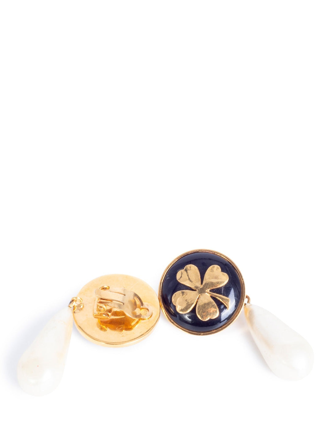 Top Quality Chanel Vintage Lucky Clover Pearl Clip On Earrings Gold