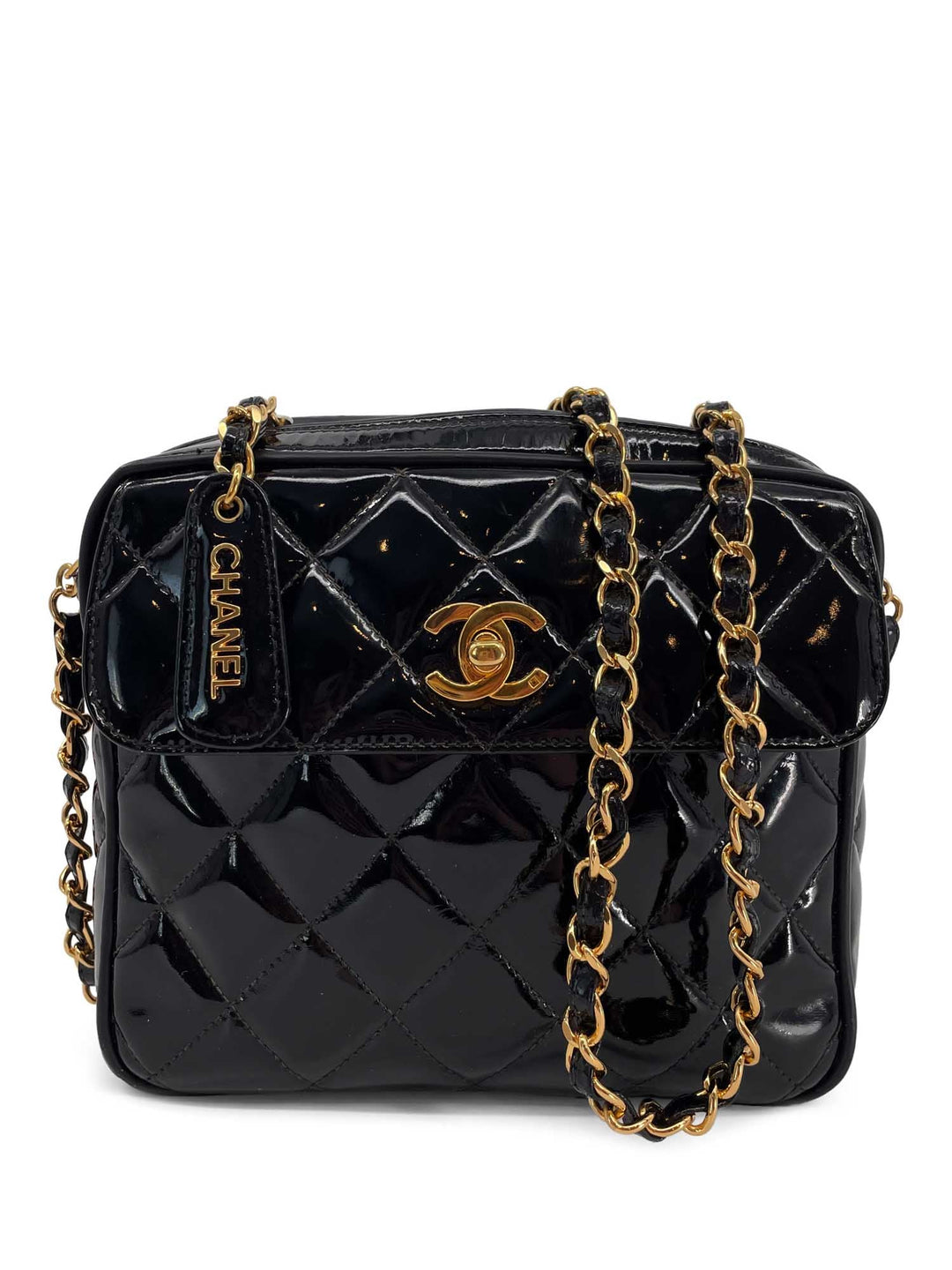Top Quality Chanel Vintage  Patent Leather 24k Gold CC Logo Camera Bag Black