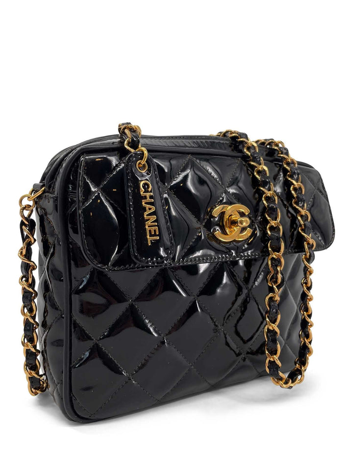 Top Quality Chanel Vintage  Patent Leather 24k Gold CC Logo Camera Bag Black