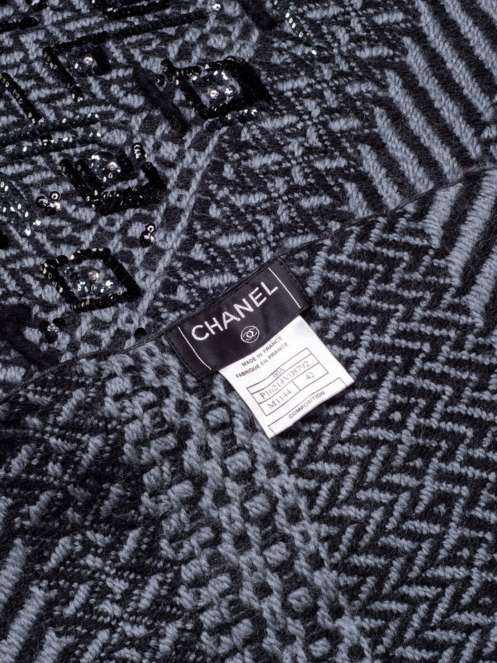 Top Quality Chanel Wool Embroidered Scarf Grey Black