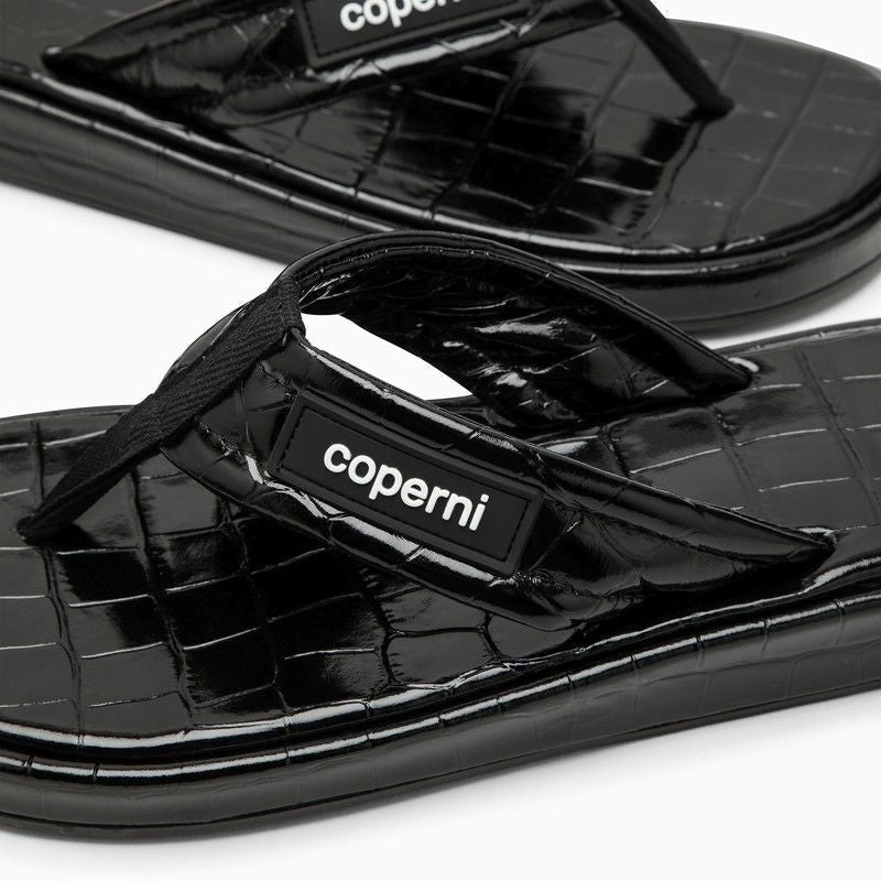 BLACK LEATHER FLIP-FLOP WITH LOGO
