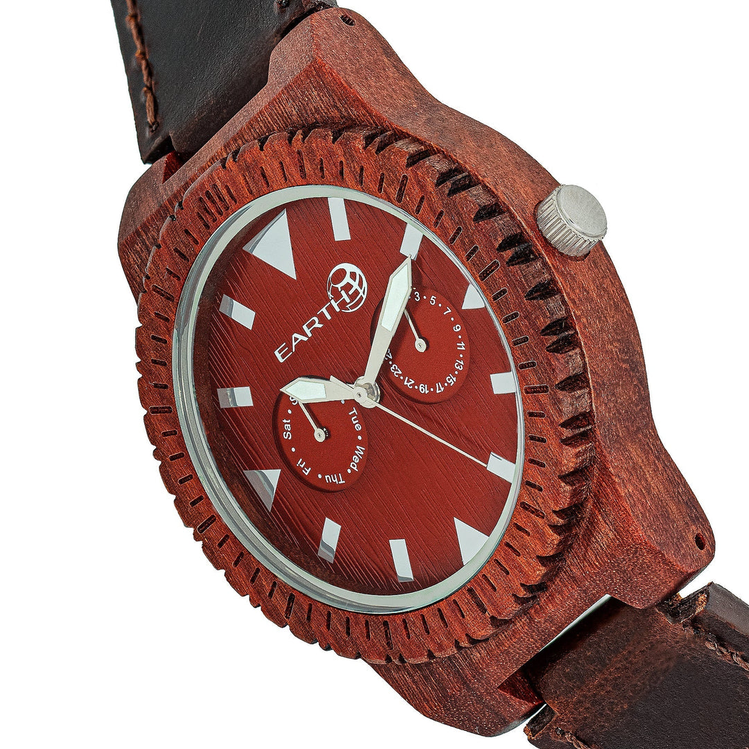 Earth Wood Hyperion Leather-Band Watch w/Day/Date - Red