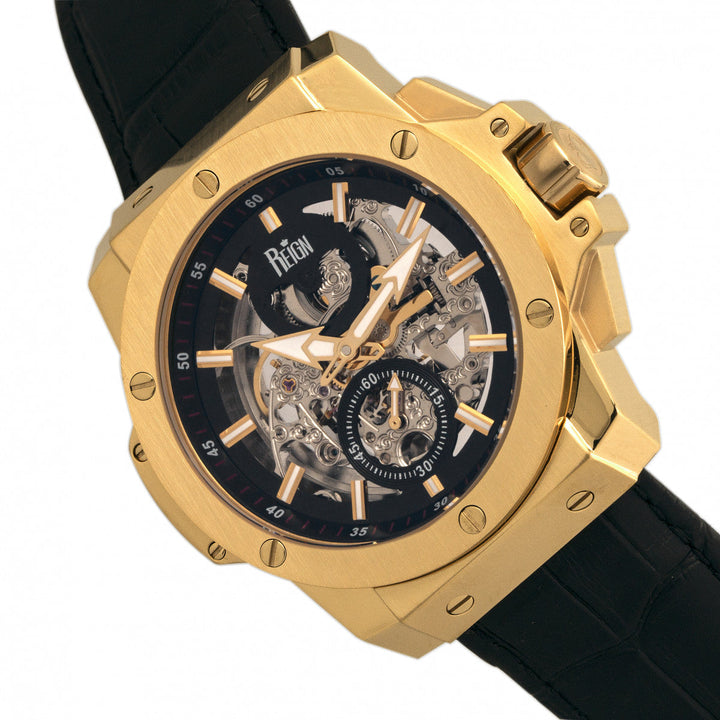 Reign Commodus Automatic Skeleton Leather-Band Watch - Gold/Black