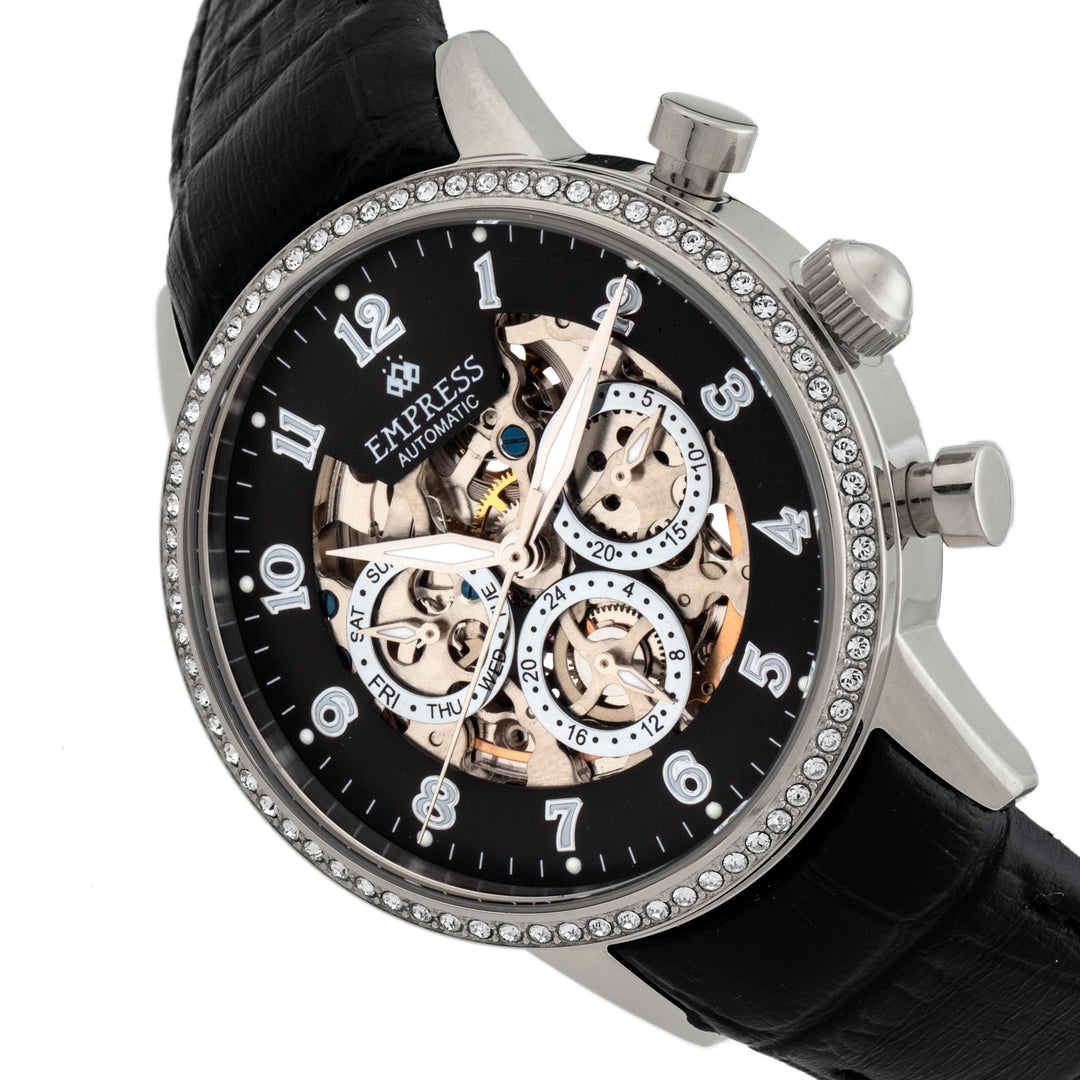 Empress Beatrice Automatic Skeleton Dial Leather-Band Watch w/Day/Date - Silver/Black