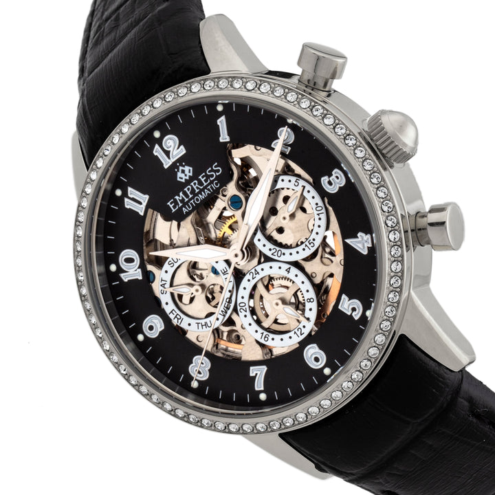 Empress Beatrice Automatic Skeleton Dial Leather-Band Watch w/Day/Date - Silver/Black