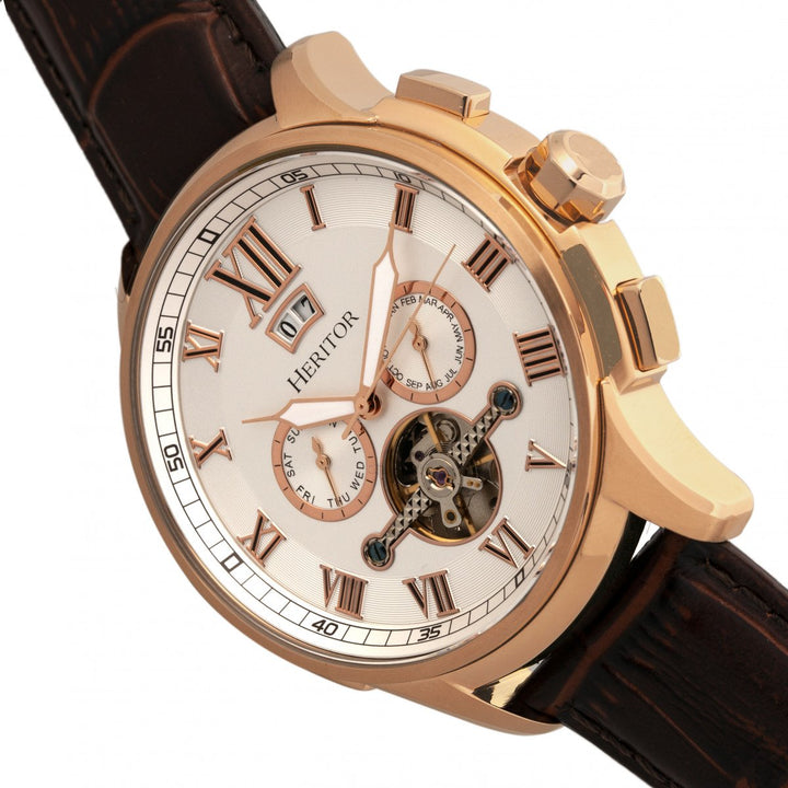 Heritor Automatic Hudson Semi-Skeleton Leather-Band Watch w/Day/Date