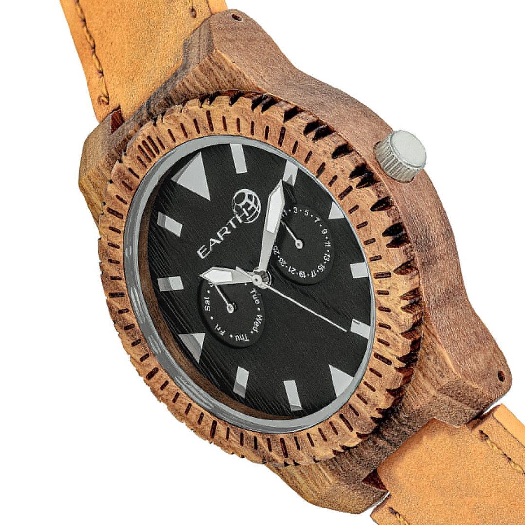 Earth Wood Hyperion Leather-Band Watch w/Day/Date - Olive