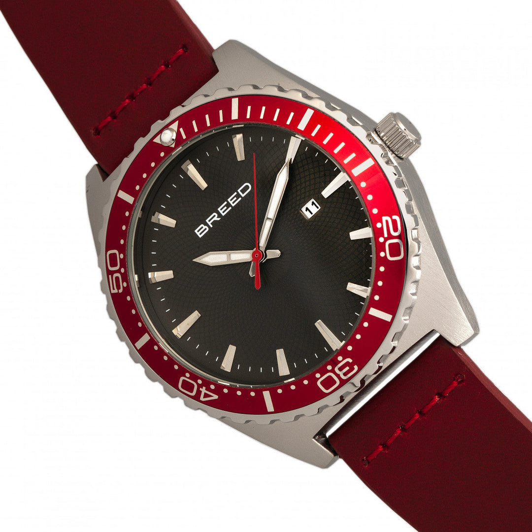 Breed Ranger Leather-Band Watch w/Date - Silver/Red