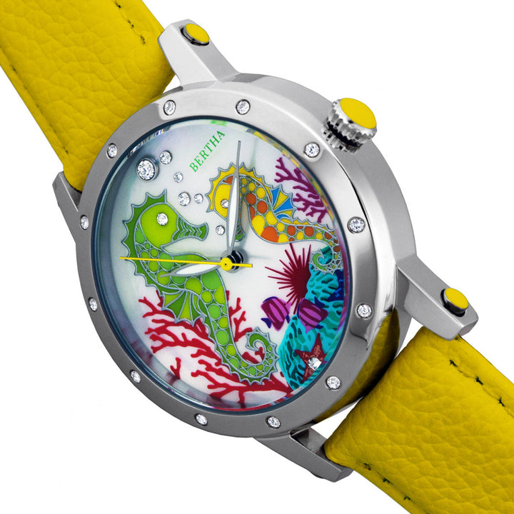 Bertha Morgan MOP Leather-Band Ladies Watch - Silver/Yellow