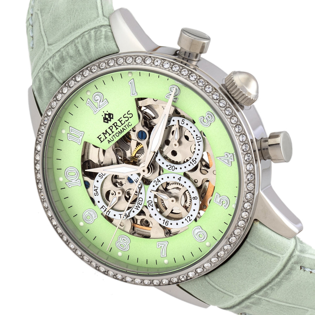Empress Beatrice Automatic Skeleton Dial Leather-Band Watch w/Day/Date - Silver/Mint