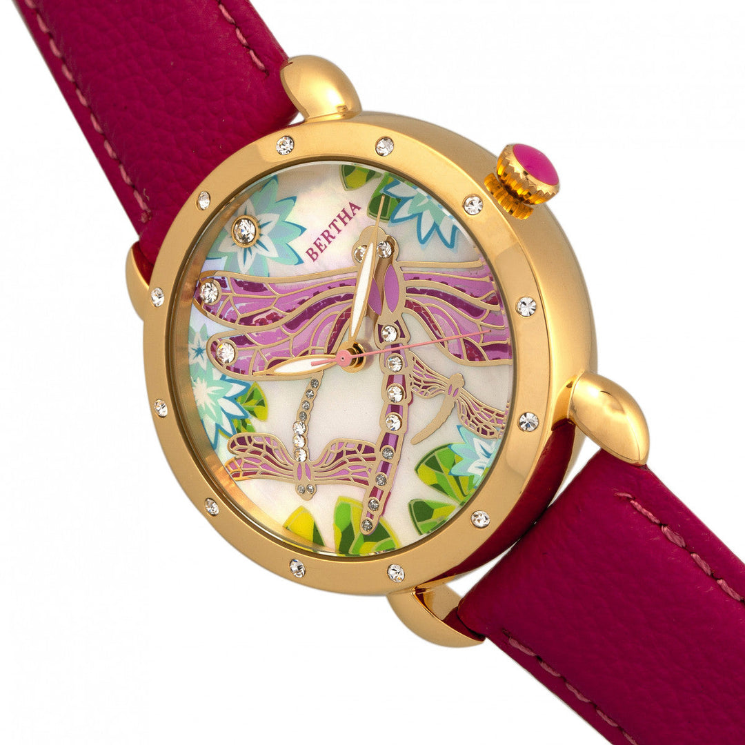 Bertha Jennifer MOP Leather-Band Ladies Watch - Gold/Pink