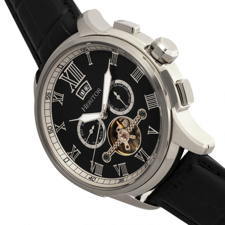Heritor Automatic Hudson Semi-Skeleton Leather-Band Watch w/Day/Date