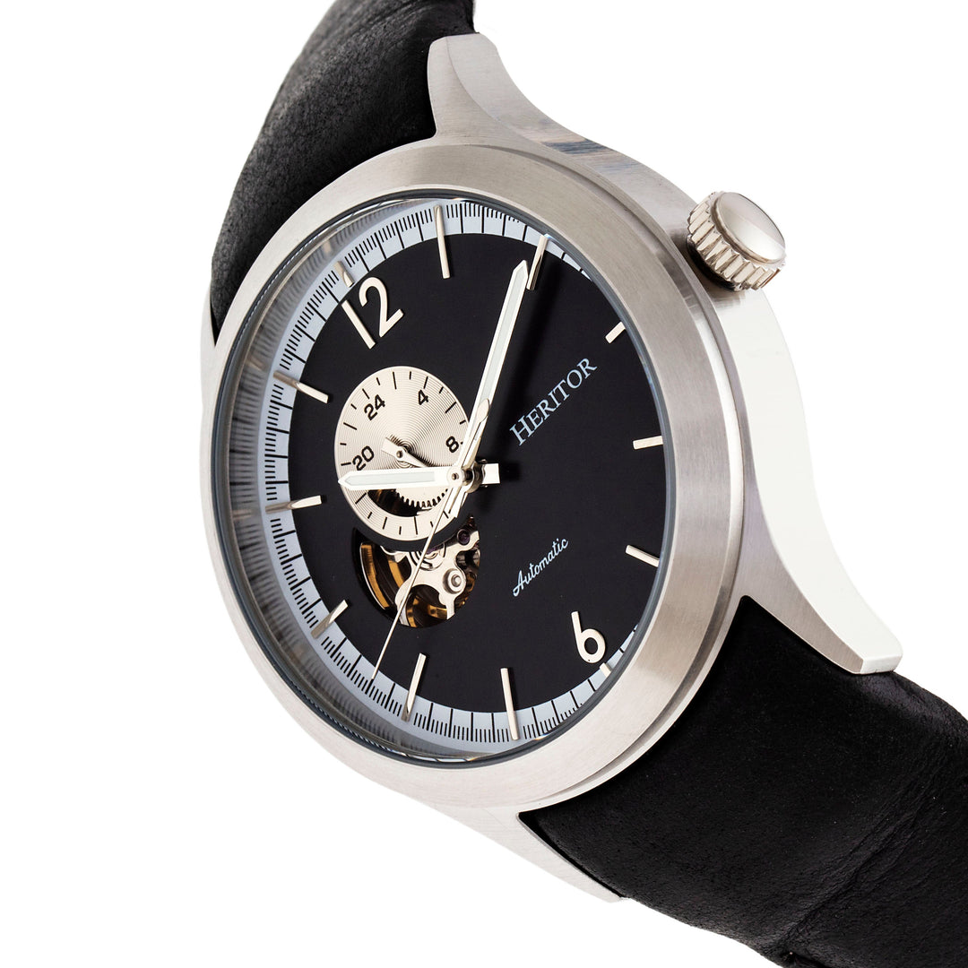 Heritor Automatic Antoine Semi-Skeleton Leather-Band Watch - Silver/Black
