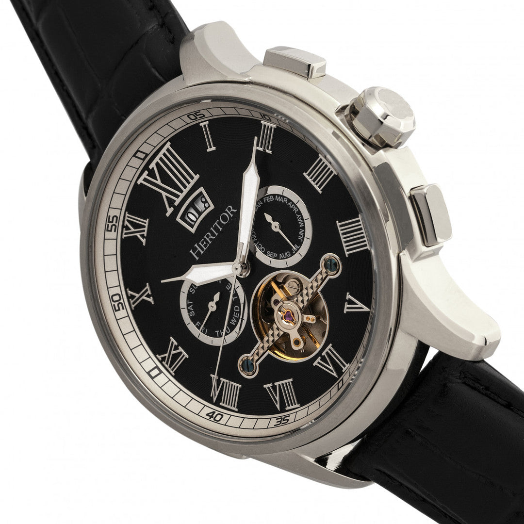 Heritor Automatic Hudson Semi-Skeleton Leather-Band Watch w/Day/Date - Black/Silver