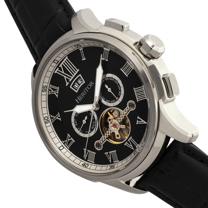 Heritor Automatic Hudson Semi-Skeleton Leather-Band Watch w/Day/Date - Black/Silver