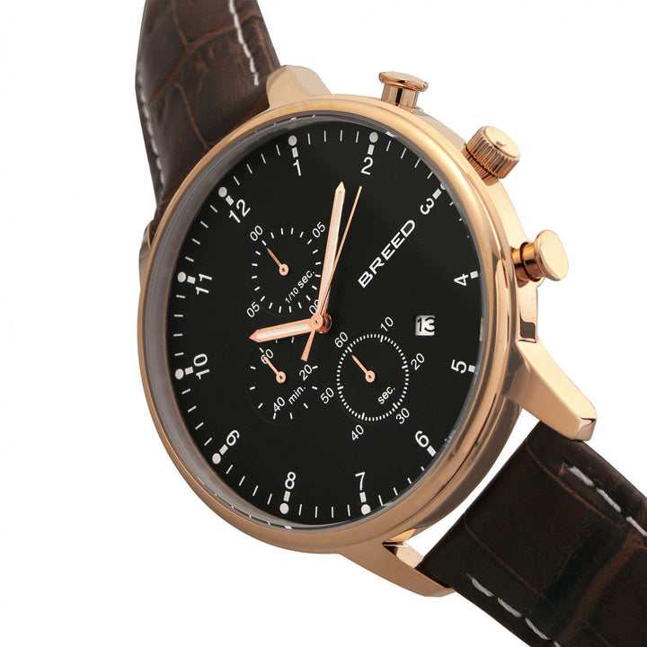 Breed Holden Chronograph Leather-Band Watch w/ Date - Rose Gold/Brown