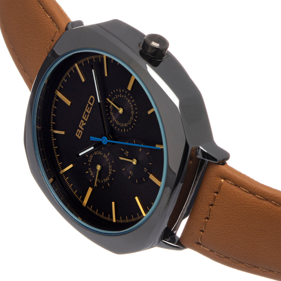 Breed Revolver Leather-Band Watch w/Day/Date - Beige/Silver