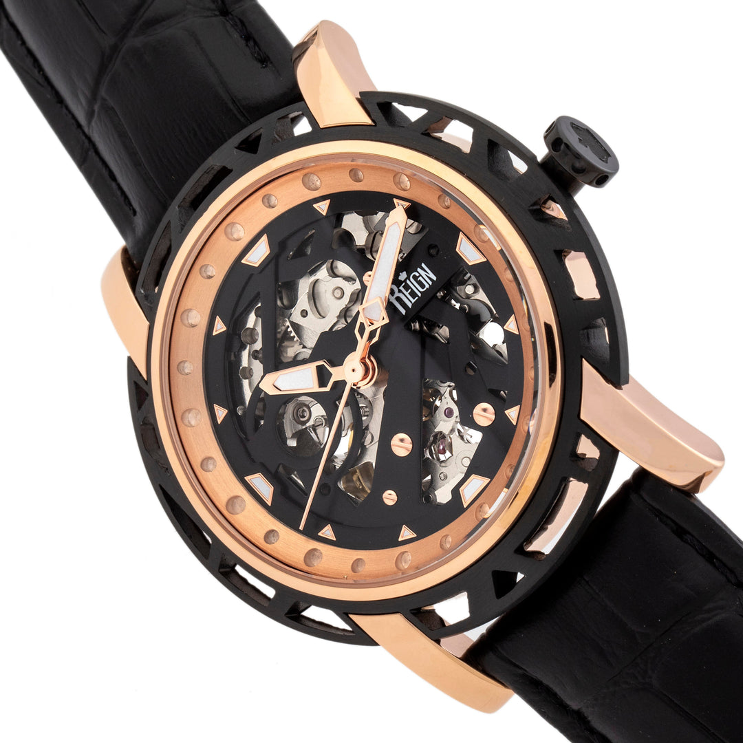 Reign Stavros Automatic Skeleton Leather-Band Watch - Rose Gold/Black