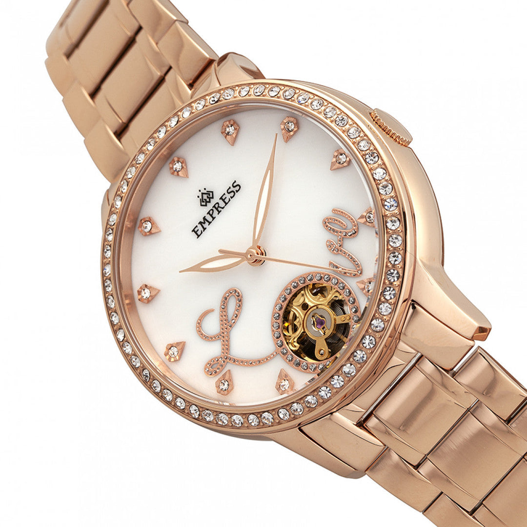 Empress Quinn Automatic MOP Semi-Skeleton Dial Bracelet Watch - Rose Gold