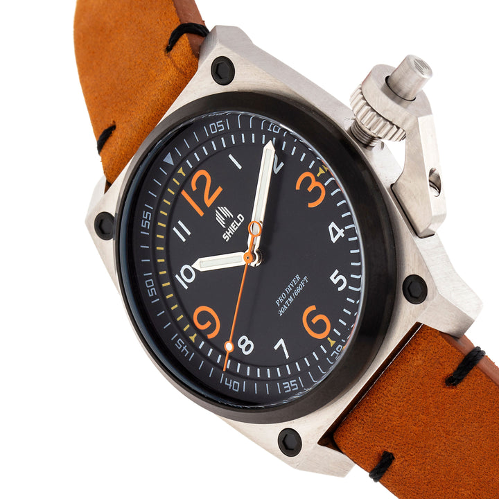Shield Pascal Leather-Band Men's Diver Watch - Camel/Black