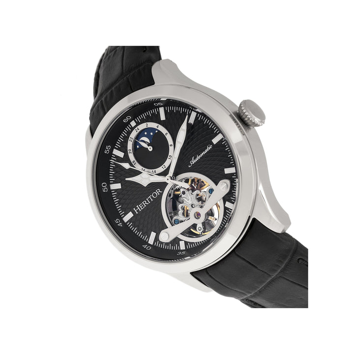 Heritor Automatic Gregory Semi-Skeleton Leather-Band Watch - Black