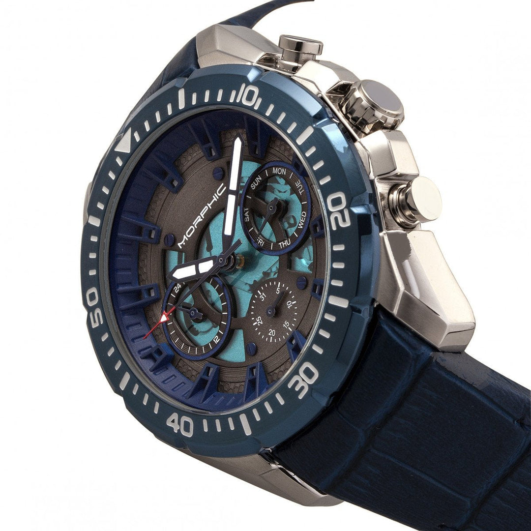 Morphic M66 Series Skeleton Dial Leather-Band Watch w/ Day/Date