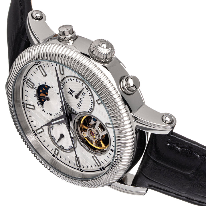 Heritor Automatic Barnsley Semi-Skeleton Leather-Band Watch - Silver/White