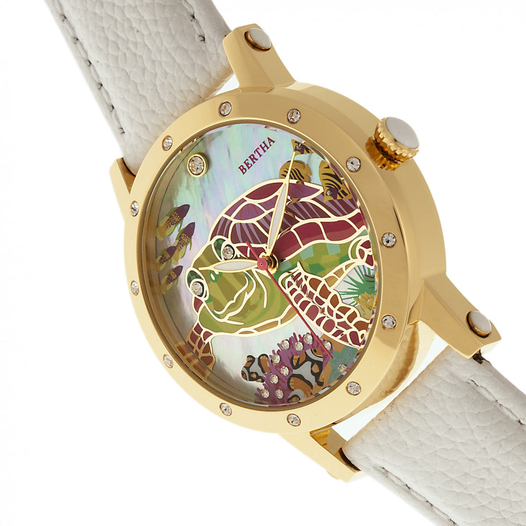 Bertha Chelsea MOP Leather-Band Ladies Watch - Gold/White