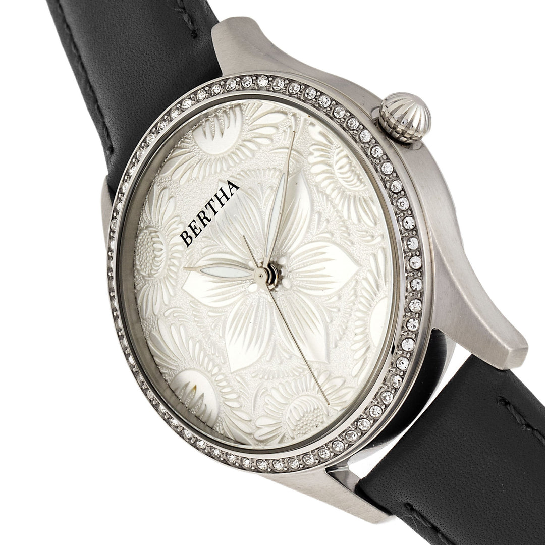 Bertha Dixie Floral Engraved Leather-Band Watch