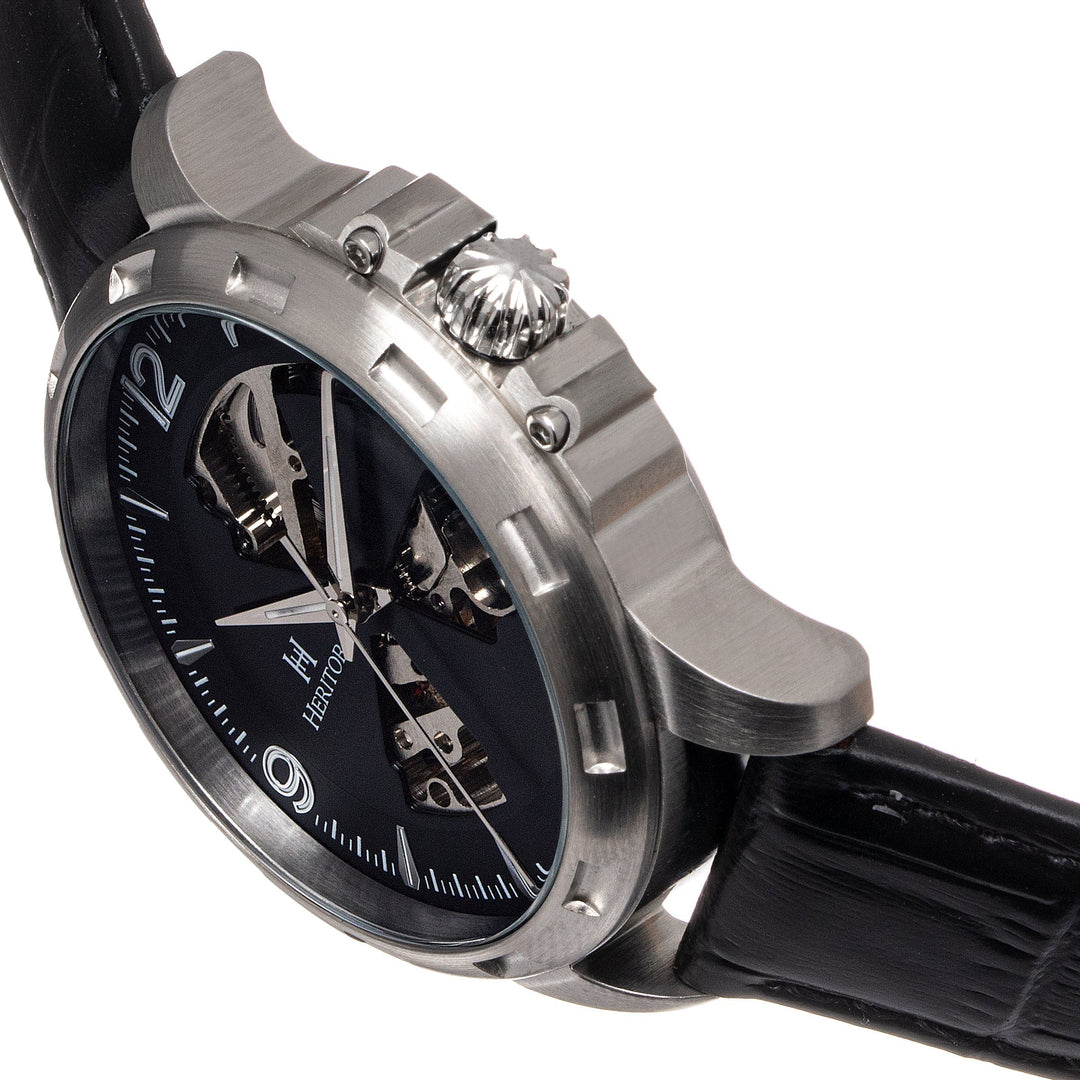 Heritor Automatic Theo Semi-Skeleton Leather-Band Watch - Black