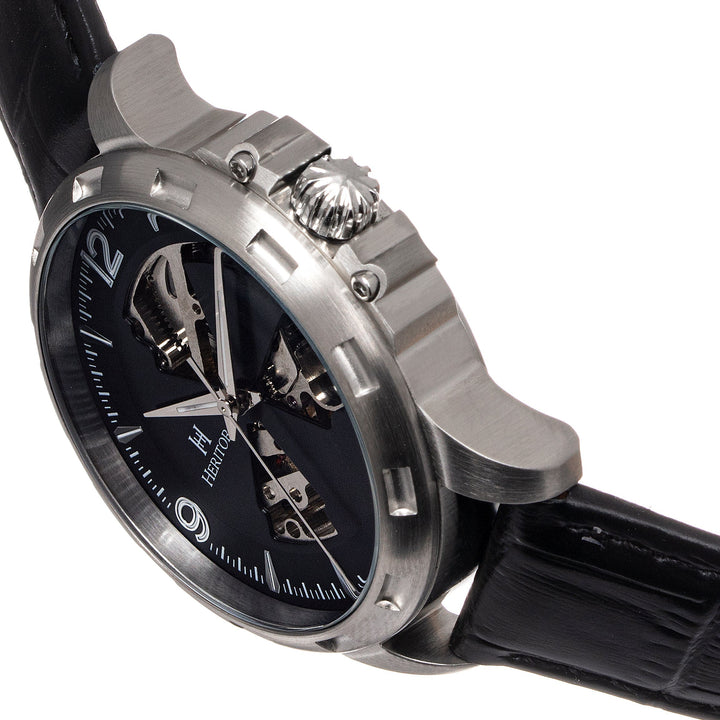 Heritor Automatic Theo Semi-Skeleton Leather-Band Watch - Black