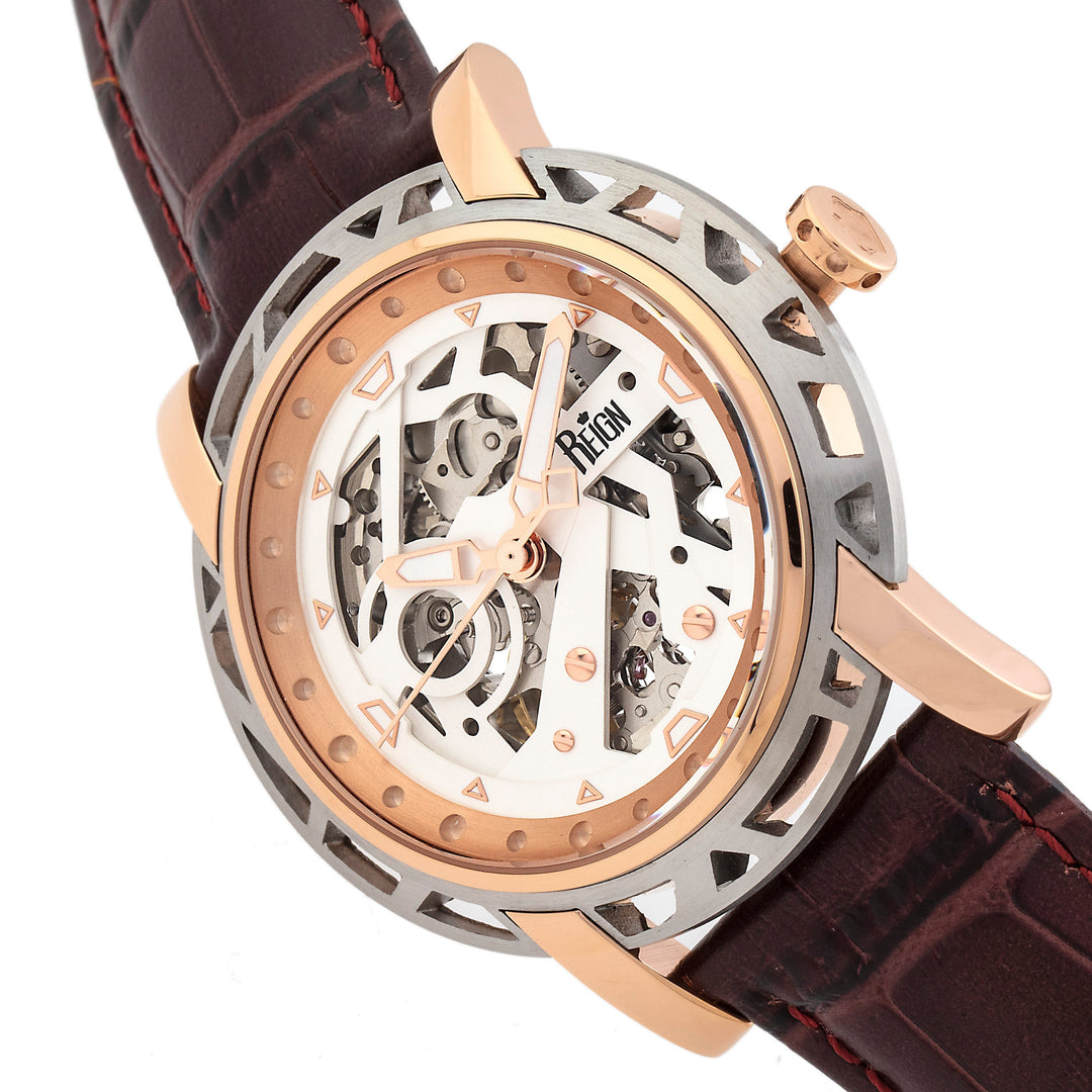 Reign Stavros Automatic Skeleton Leather-Band Watch - Rose Gold/White