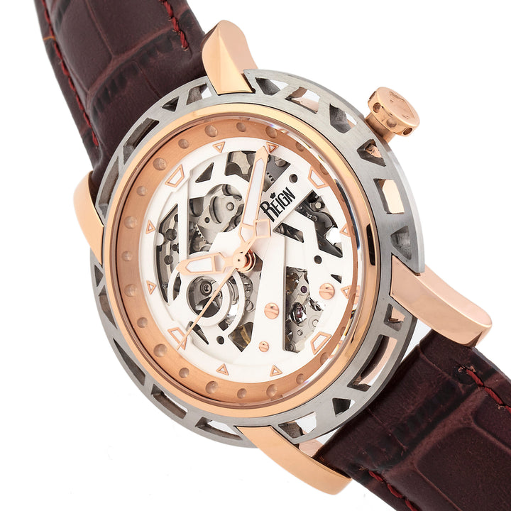 Reign Stavros Automatic Skeleton Leather-Band Watch - Rose Gold/White