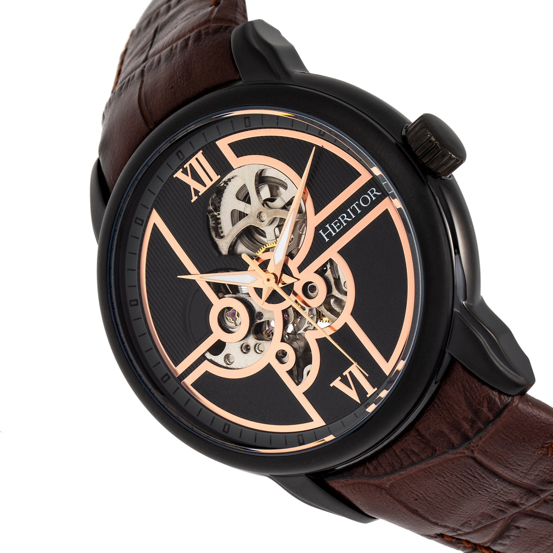 Heritor Automatic Sanford Semi-Skeleton Leather-Band Watch - Black/Brown