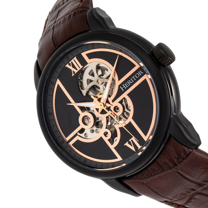 Heritor Automatic Sanford Semi-Skeleton Leather-Band Watch - Black/Brown