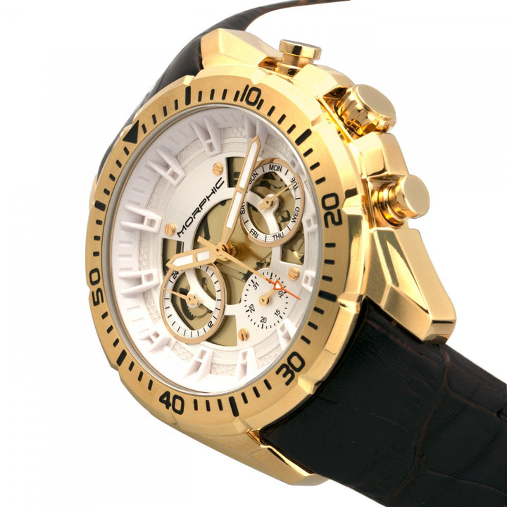 Morphic M66 Series Skeleton Dial Leather-Band Watch w/ Day/Date