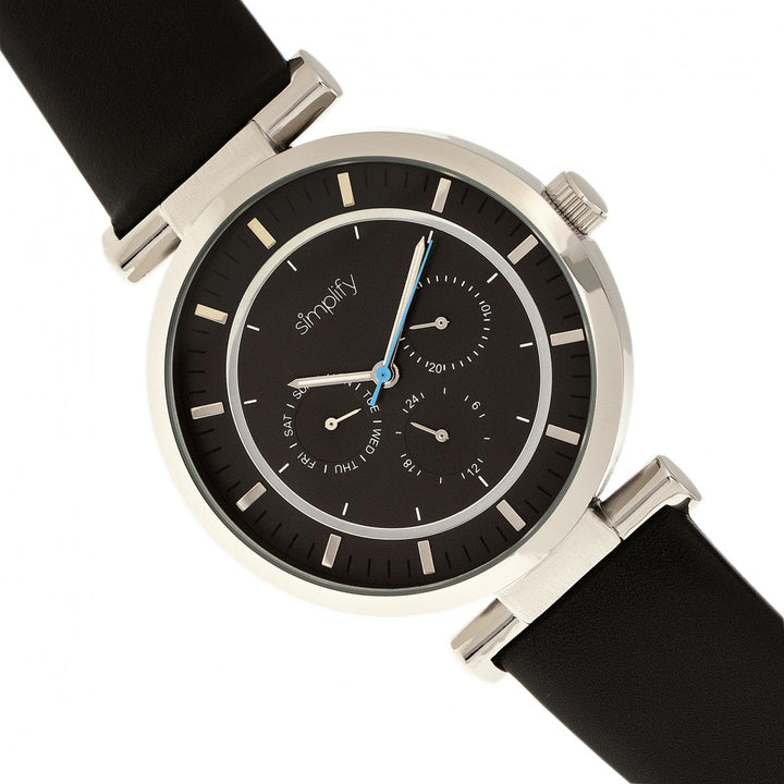 Simplify The 4800 Leather-Band Watch w/Day/Date - Black/Silver