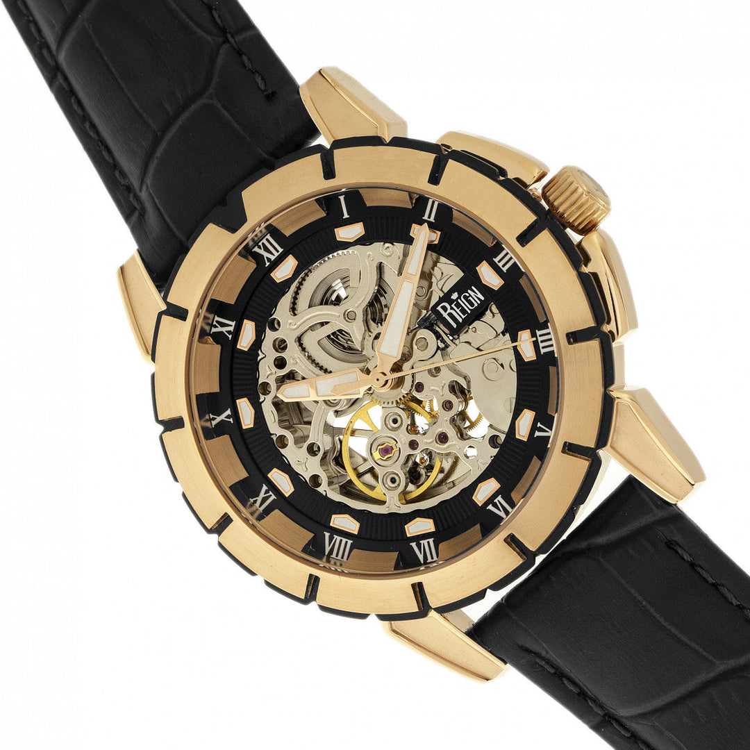 Reign Philippe Automatic Skeleton Leather-Band Watch - Gold/Black