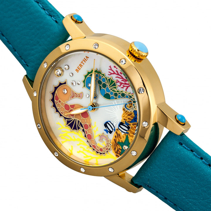 Bertha Morgan MOP Leather-Band Ladies Watch - Gold/Turquoise