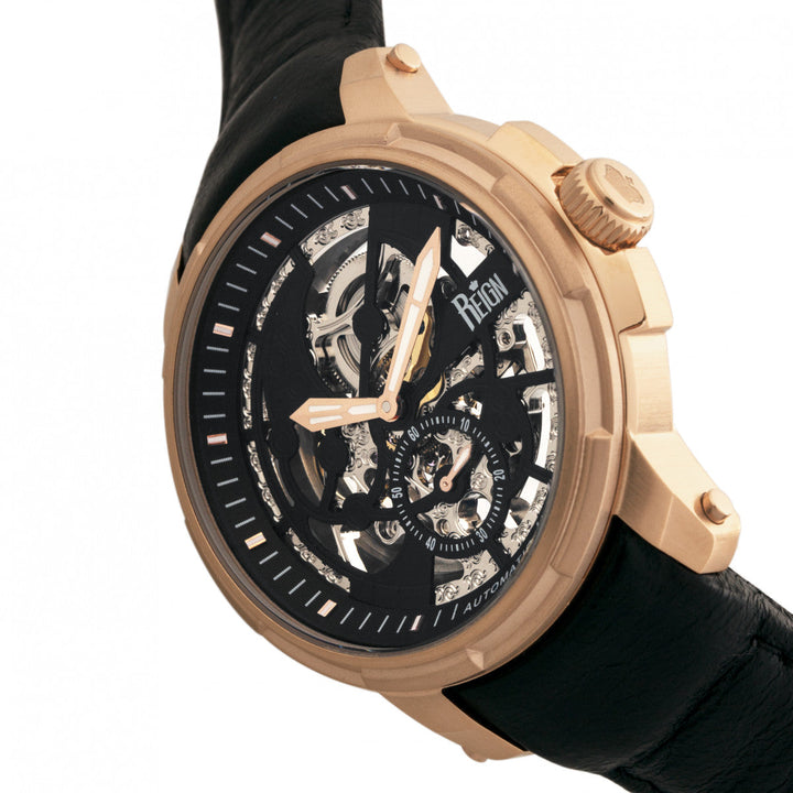 Reign Matheson Automatic Skeleton Dial Leather-Band Watch - Black/Rose Gold