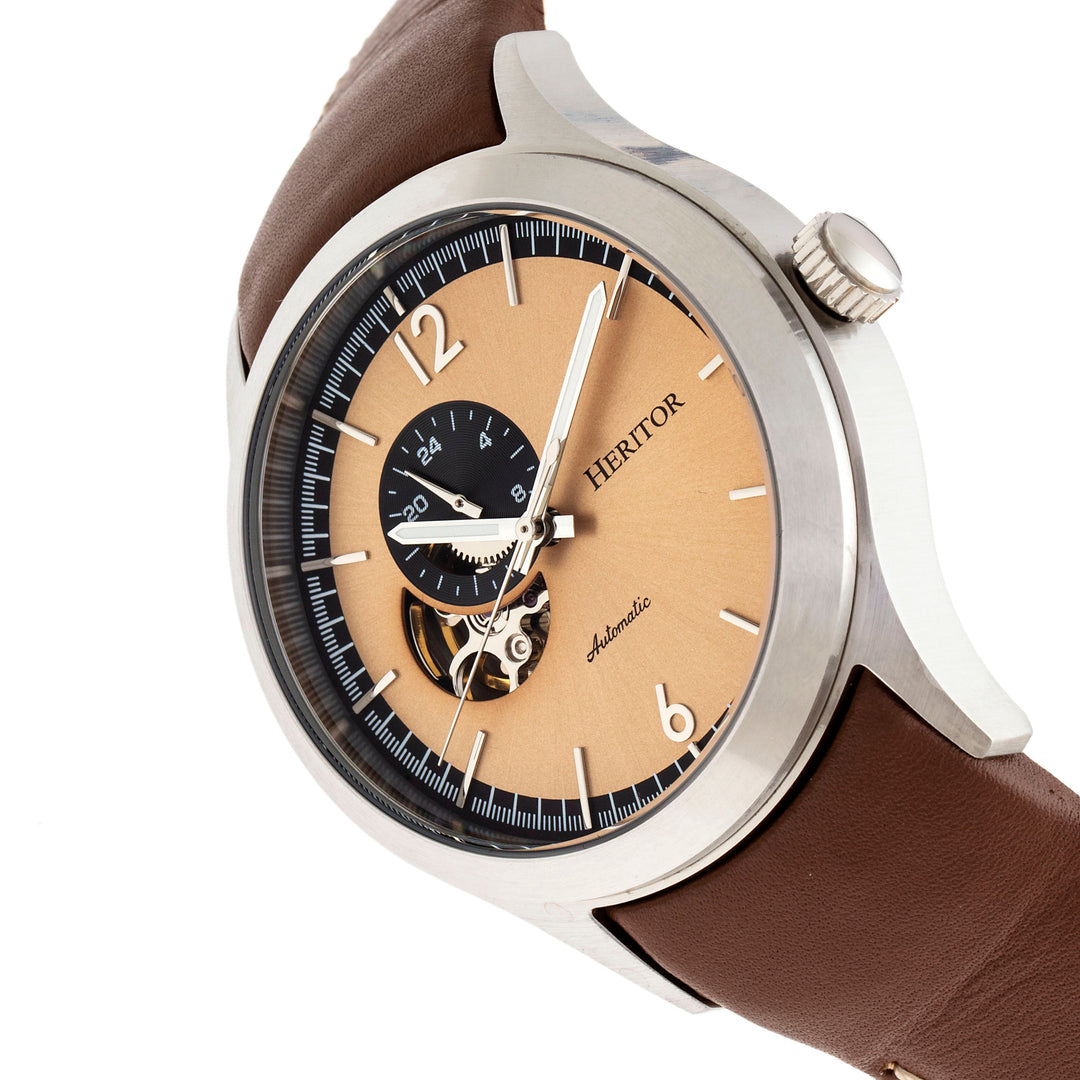 Heritor Automatic Antoine Semi-Skeleton Leather-Band Watch - Silver/Tan