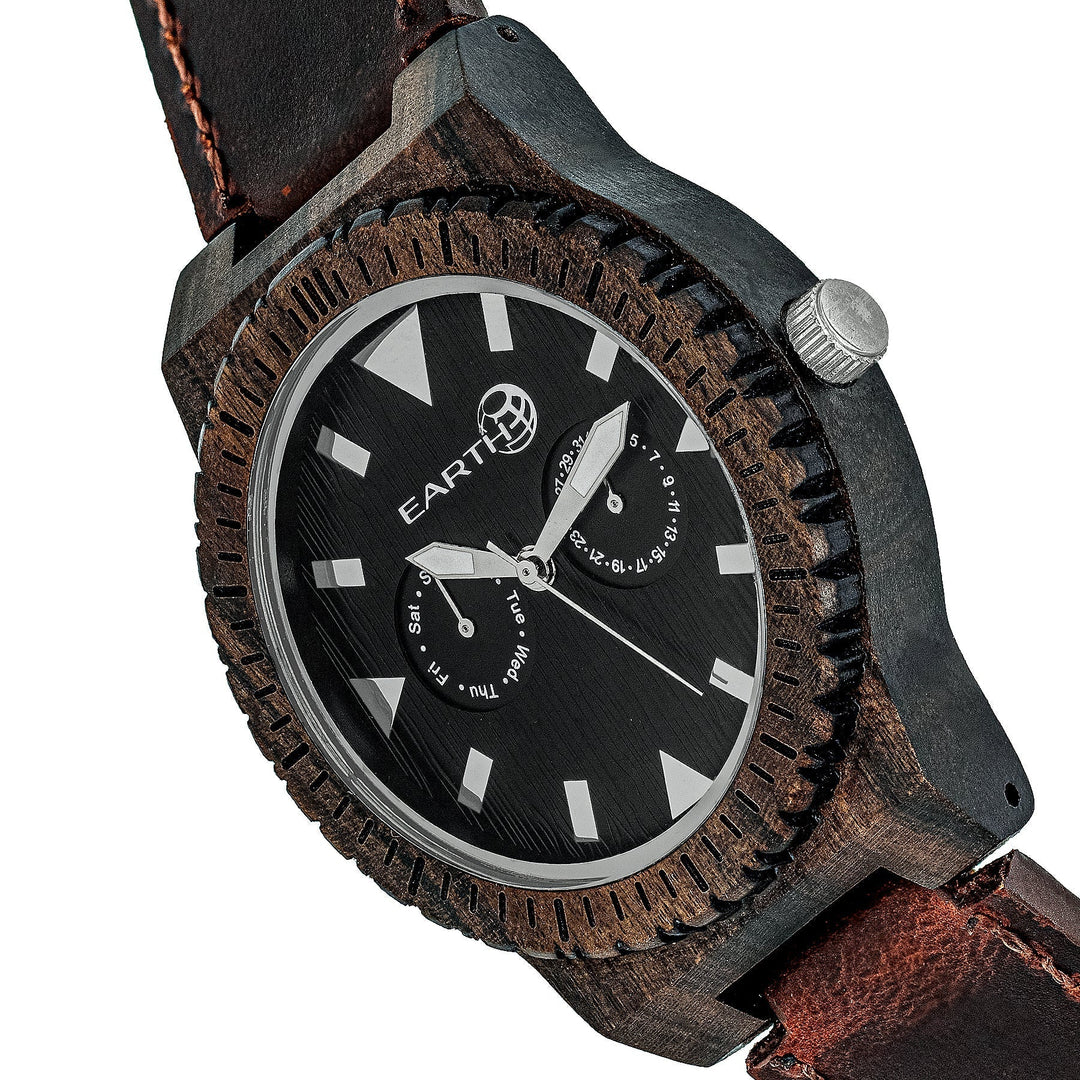 Earth Wood Hyperion Leather-Band Watch w/Day/Date - Dark Brown