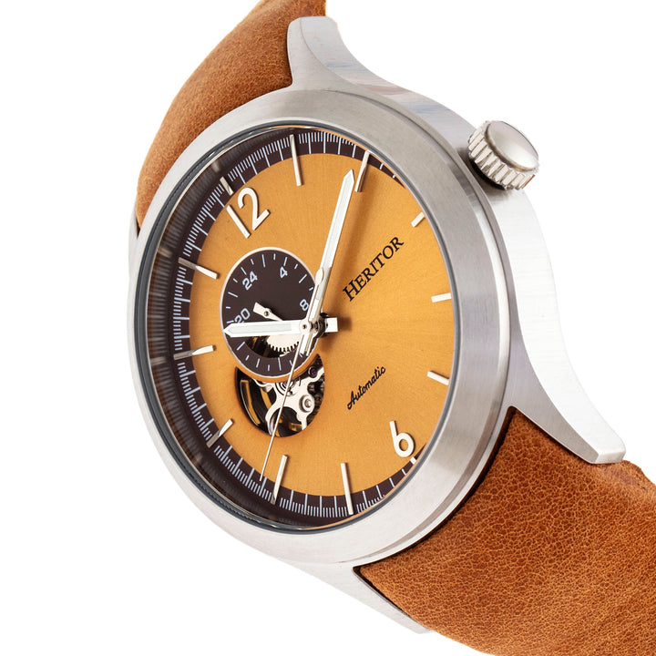 Heritor Automatic Antoine Semi-Skeleton Leather-Band Watch - Silver/Umber