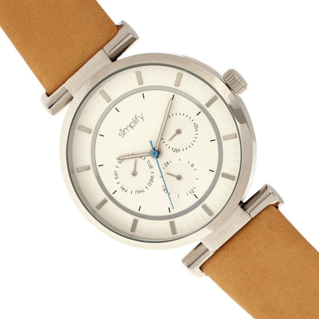 Simplify The 4800 Leather-Band Watch w/Day/Date - Khaki/Silver