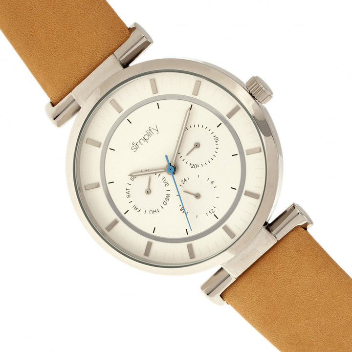 Simplify The 4800 Leather-Band Watch w/Day/Date - Khaki/Silver