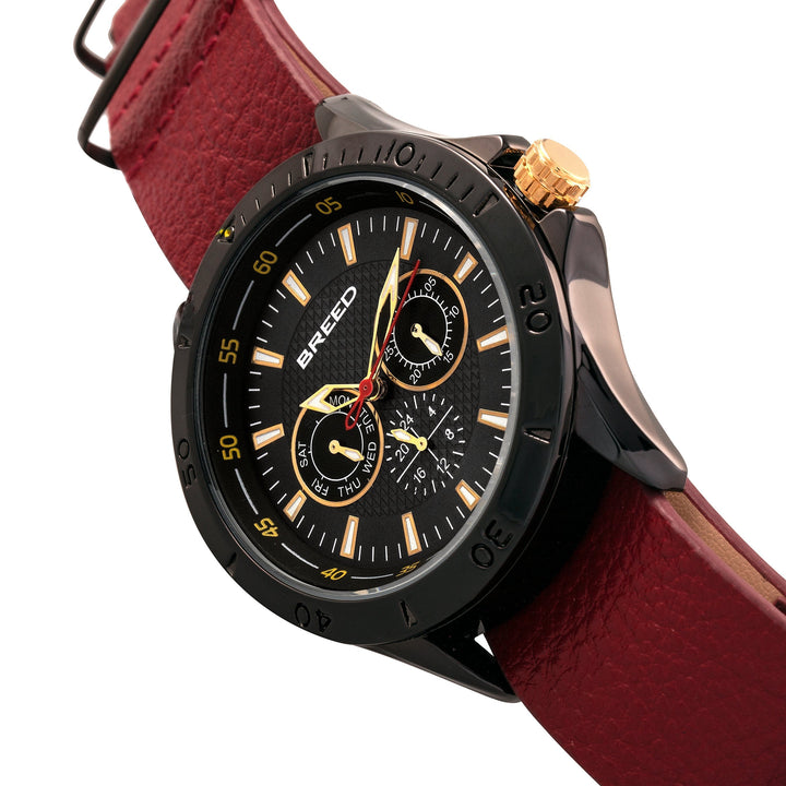 Breed Dixon Leather-Band Watch w/Day/Date - Black/Red